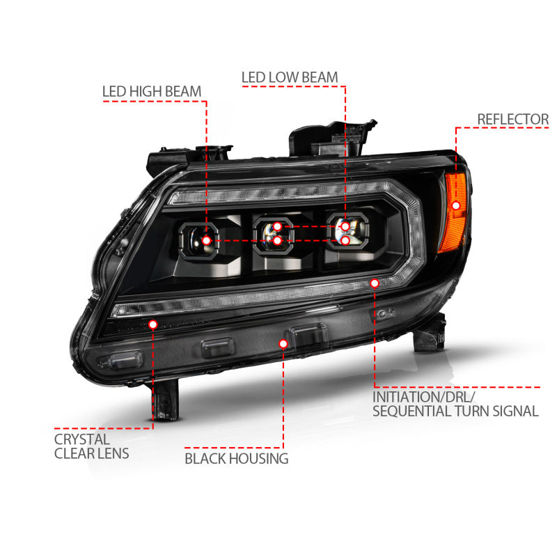ANZO 15-22 Chevy Colorado Blk Housing Full LED DRL Projector Headlight w/ Sequential Light Bar 111634 111634 Photo - Unmounted