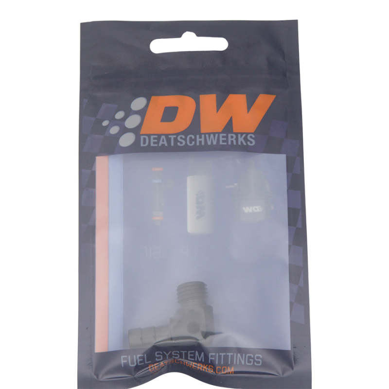 DeatschWerks Metric M12 to 3/8in Hose Barb 90-Degree Fitting w/ Venturi Port - Anodized Matte Black 6-02-0650-B 6-02-0650-B Photo - lifestyle view