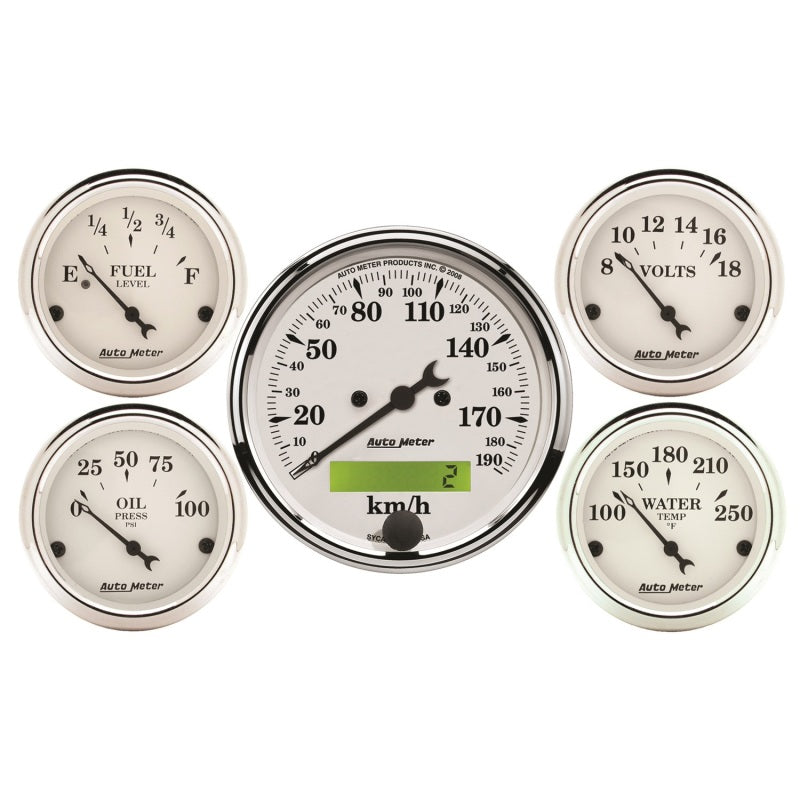 Autometer Old Tyme White 5 Pc Kit-Elec Speed(Km/H)/Elec Oil Press/Water Temp/Volt/Fuel Level 1602-M 1602-M Photo - Primary