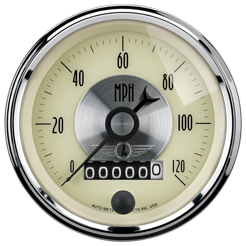 AutoMeter Gauge Speedo 3-3/8in. 120MPH Elec. Program W/Wheel Odo Prestige Antq. Ivory 2089 2089 Photo - Primary