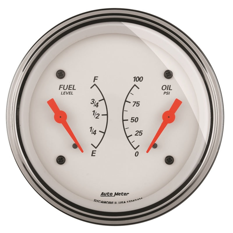 AutoMeter Gauge Dual Fuel & Oilp 3-3/8in. 240 Ohm(e) to 33 Ohm(f) & 100PSI Elec Arctic White 1313 1313 Photo - Primary