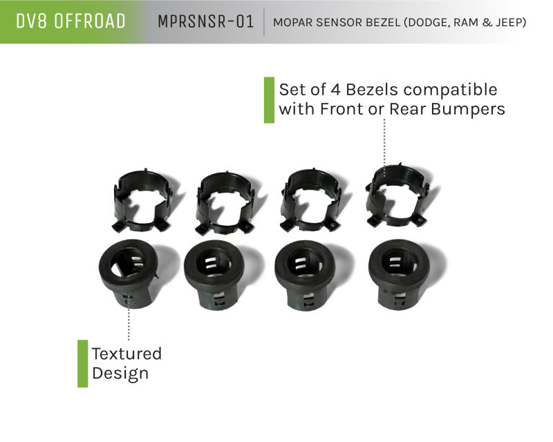 DV8 Offroad Jeep/Dodge/RAM Front Bezel & Rear Clip Replacement Kit for MOPAR Sensors - Set of 4 MPRSNSR-01 MPRSNSR-01 Product Brochure - a specific brochure describing a Product