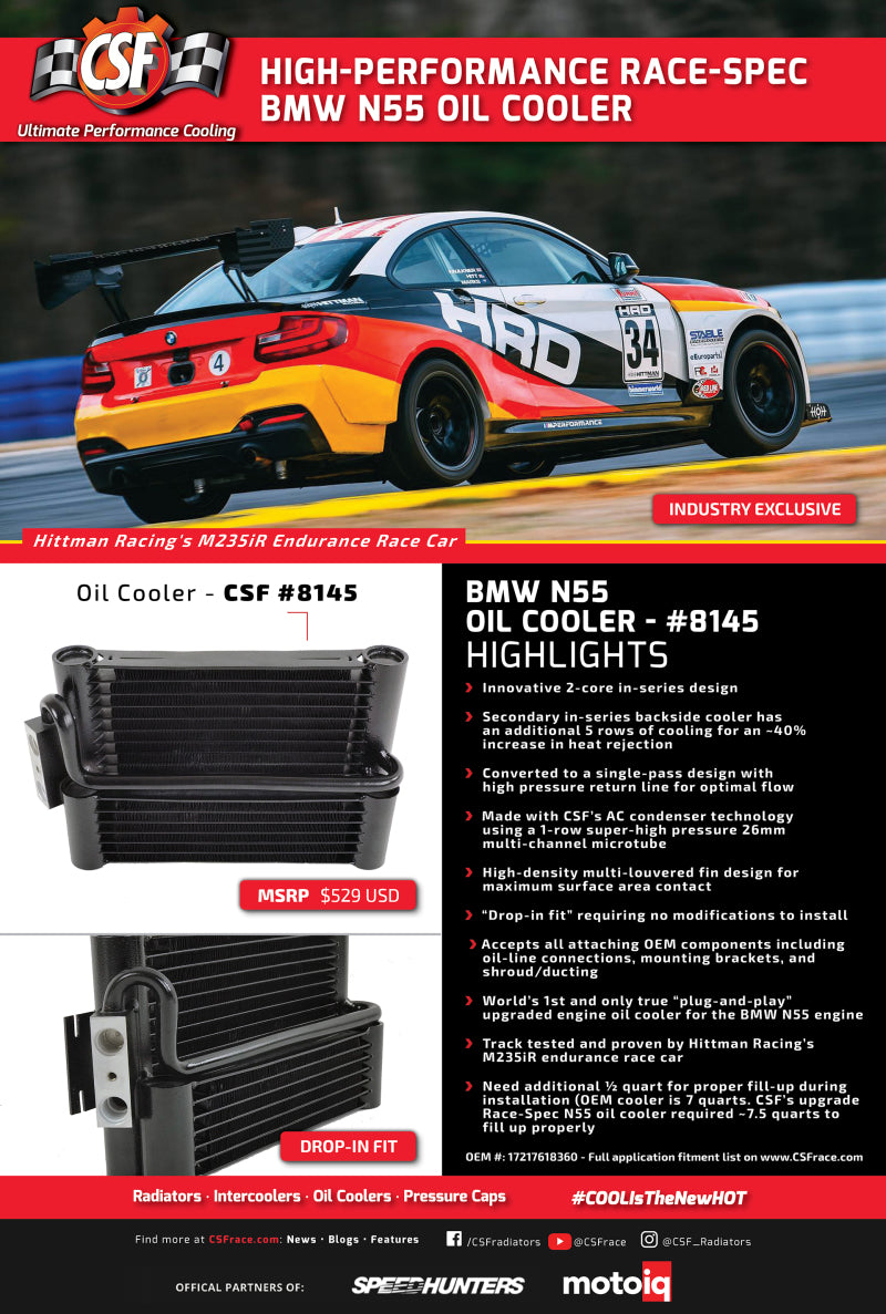CSF 11-16 BMW 135i(X) 5 Door F20 / M135i(X) 3 Door F21 Race-Spec Oil Cooler 8145 8145 Brochure - A general brochure describing a brand, company, product line. If brochure in question is for a specific product, use code PDB.