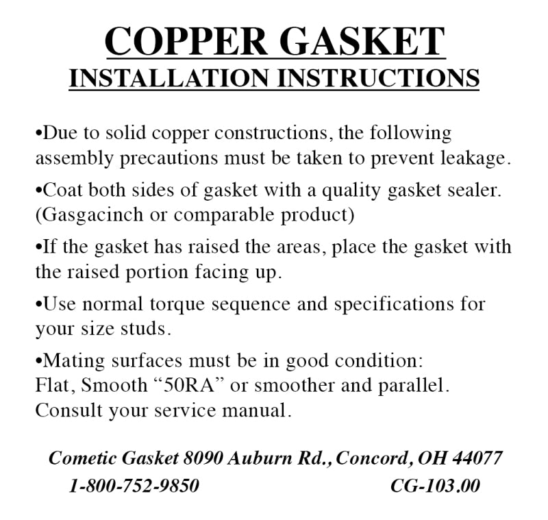Cometic Chrysler 318/340/360 4.200in Bore 0.043in Copper Head Gasket C15416-043 C15416-043 Installation Instructions