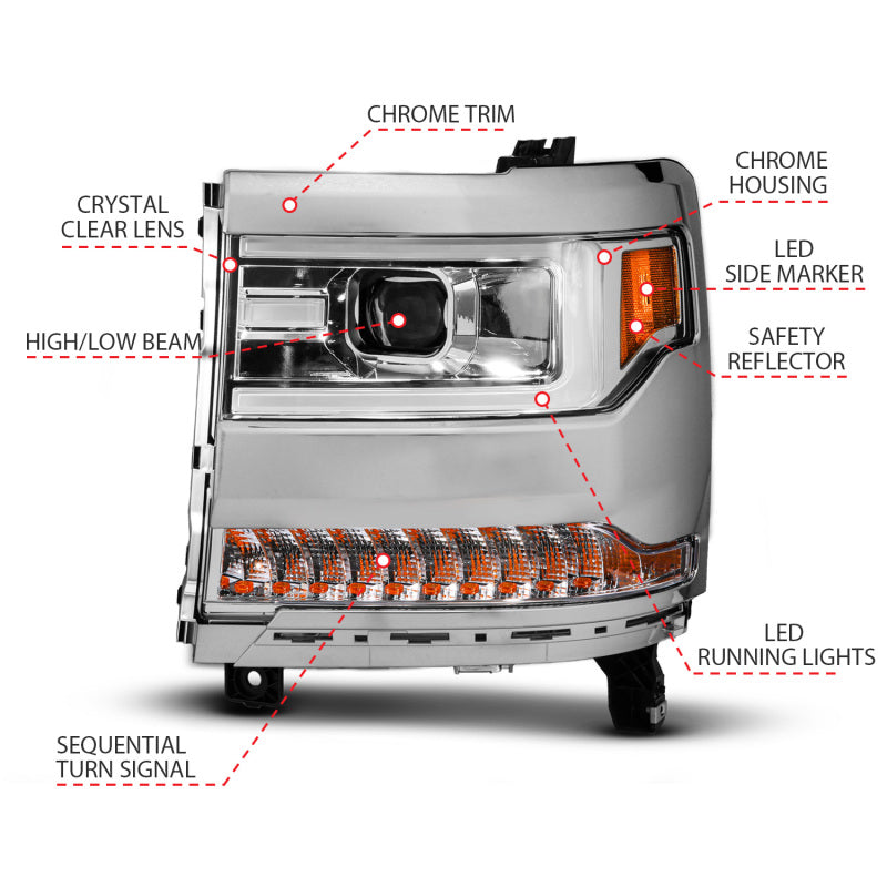ANZO 16-18 Chevy Silverado1500 (Factory HID Models) LED Prj Light Bar Style Headlights Chrome - Pair 111625A 111625A User 1