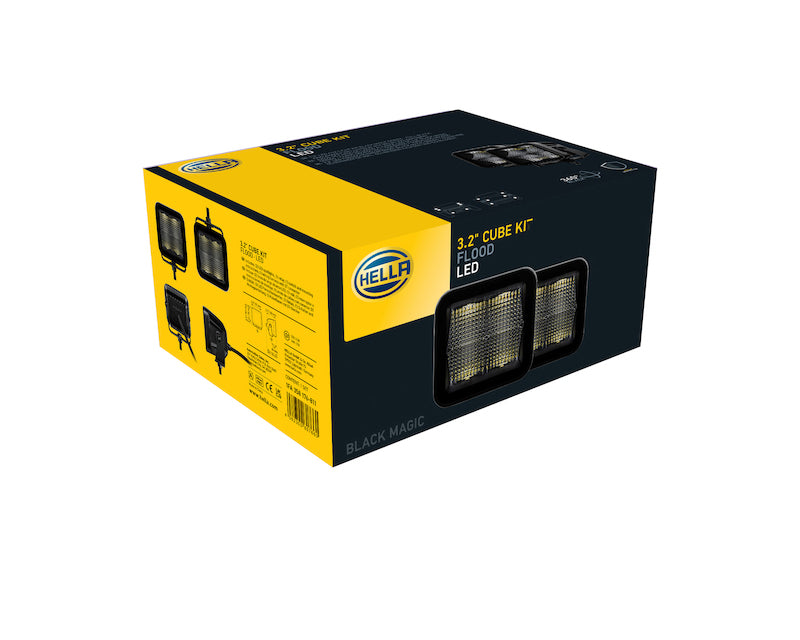 Hella Universal Black Magic 3.2in L.E.D. Cube Kit - Flood Beam (Short Range) 358176811 358176811 Photo - in package