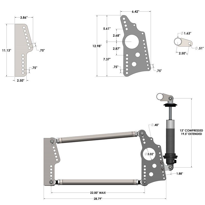 QA1 Heavy Duty Pro Rear Drag 4-Link Component Kit 7838-1067 7838-1067 Technical Drawing