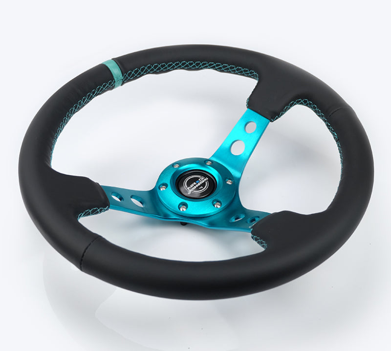 NRG Reinforce Steering Wheel (350mm / 3in. Deep) Blk Leather, Teal Center Mark w/ Teal Stitching RST-006TL RST-006TL Photo - Primary
