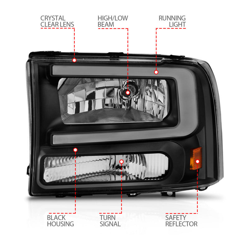ANZO 99-04 Ford F250/F350/F450/Excursion (excl. 99) Crystal Headlights - w/ Light Bar Black Housing 111549 111549 Photo - Unmounted