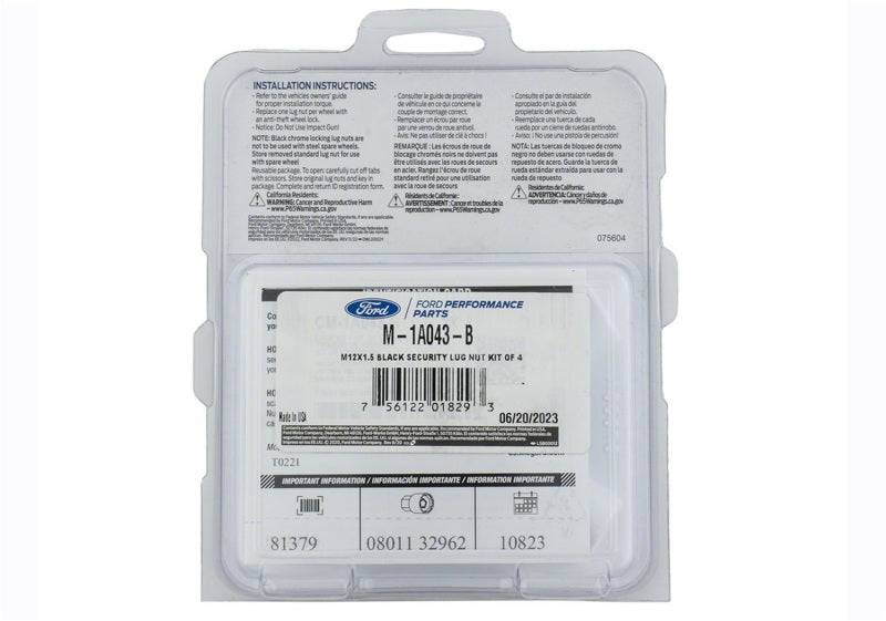 Ford Racing M12 x 1.5 Black Security Lug Nut Kit - Set of 4 M-1A043-B M-1A043-B Photo - Unmounted