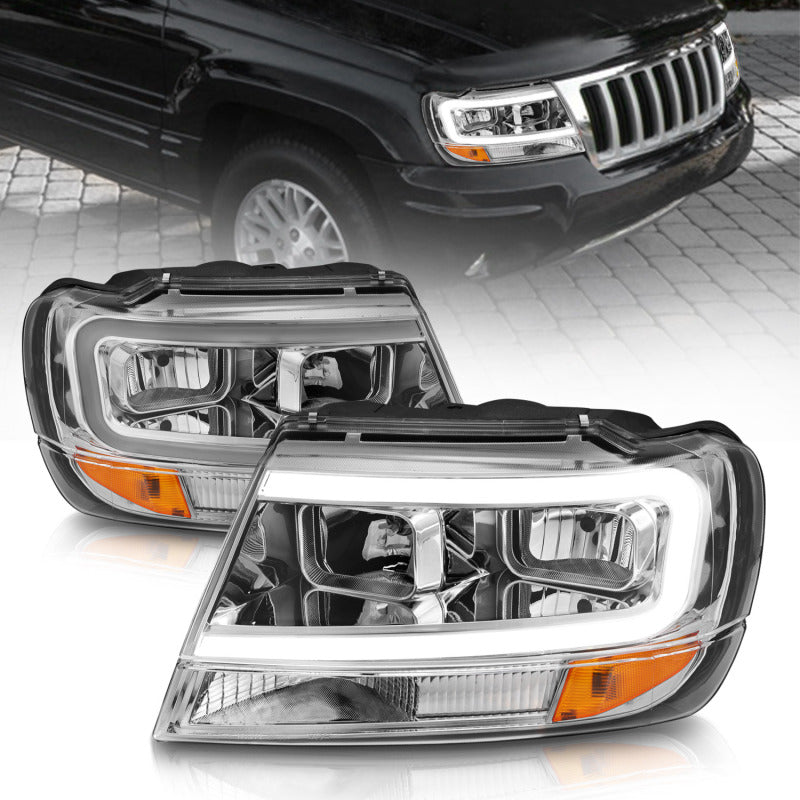 ANZO 1999-2004 Jeep Grand Cherokee Crystal Headlights w/ Light Bar Chrome Housing 111538 111538 Photo - Primary