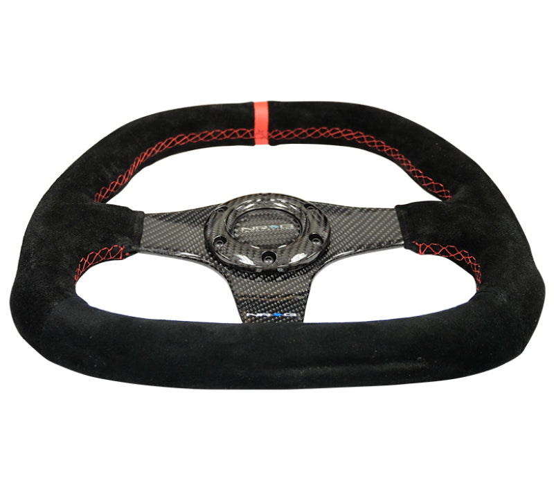 NRG Carbon Fiber Steering Wheel (320mm) Flat Btm. Blk Suede/Red Stitch w/CF Spokes & Red Center Mark ST-019CF ST-019CF Photo - Primary