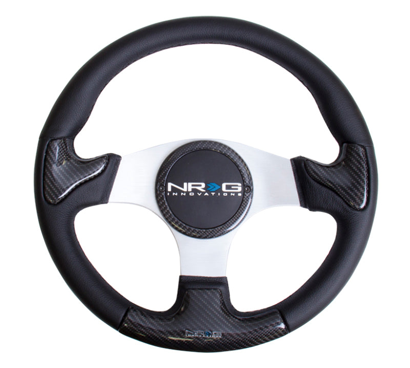 NRG Carbon Fiber Steering Wheel (350mm) Silver Frame Blk Stitching w/Rubber Cover Horn Button ST-014CFSL ST-014CFSL Photo - Primary