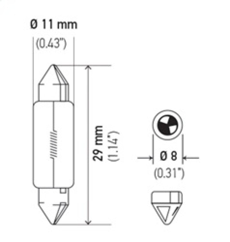 Hella Bulb 6428 12V 3W SV7-8 T2.25 8x28mm 6428 6428 Technical Drawing