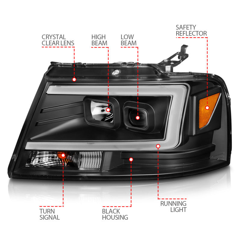ANZO 2004-2008 Ford F-150 Projector Headlights w/ Light Bar Black Housing 111541 111541 Photo - Unmounted