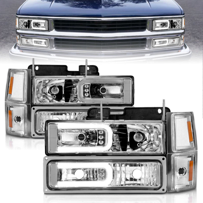 ANZO 88-98 Chevrolet C1500 Crystal Headlights w/Light Bar Chrome Housing w/ Signal Side Markers 8Pcs 111529 111529 Photo - Primary