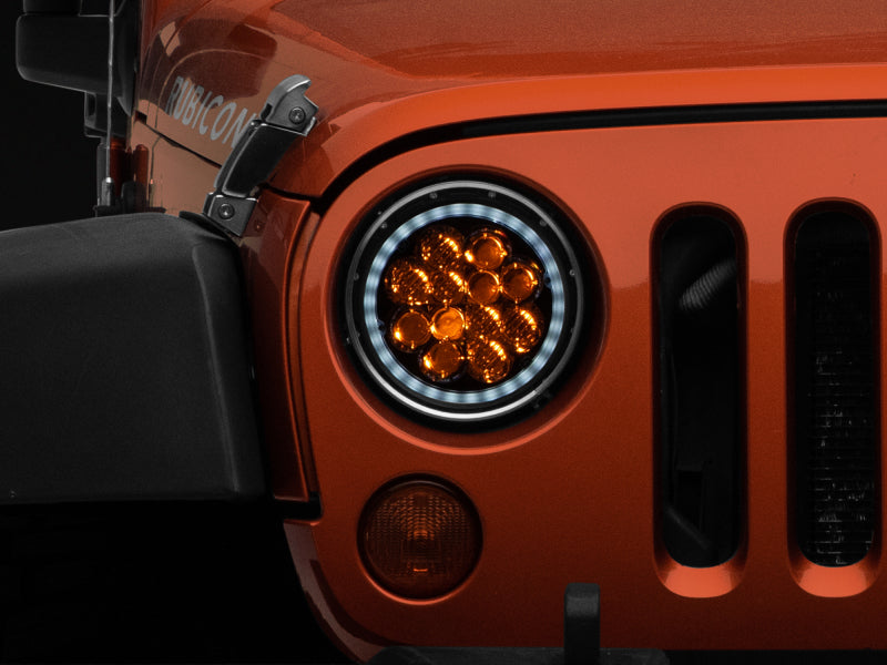 Raxiom 97-18 Jeep Wrangler TJ/JK Axial Spider LED Headlight w/ Amber DRL- Chrome Hsng (Clear Lens) J108047 J108047 Photo - Close Up