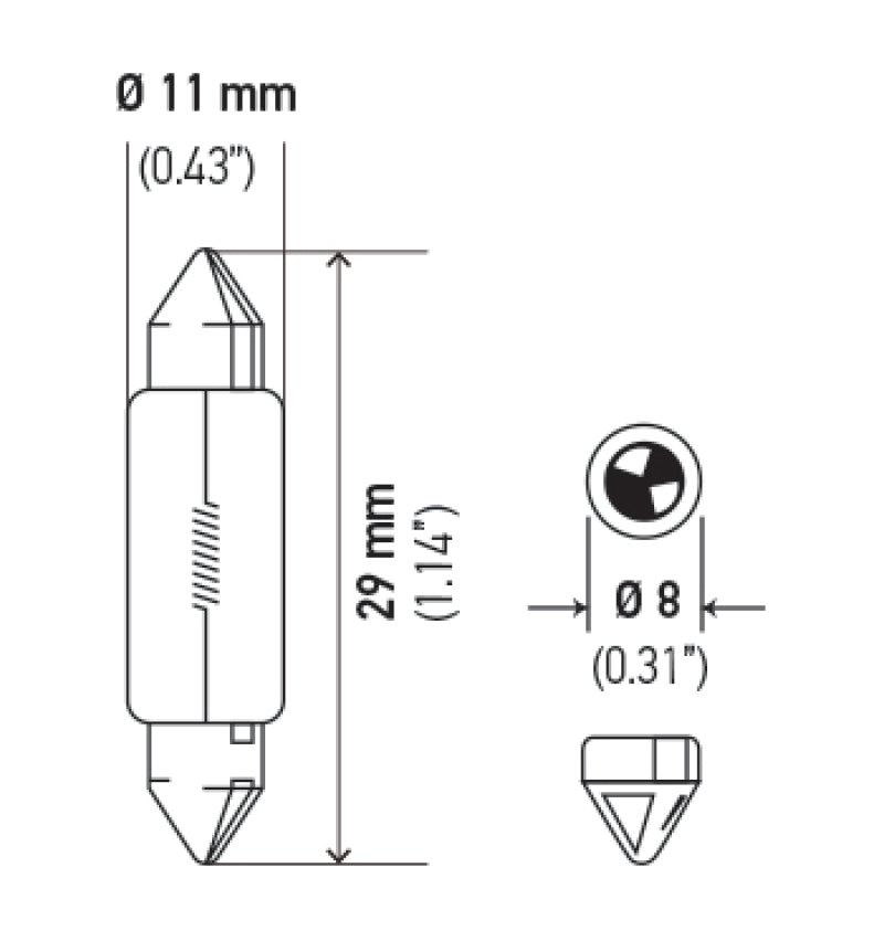 Hella Bulb 6428 12V 3W SV7-8 T2.25 8x28mm 6428 6428 Technical Drawing