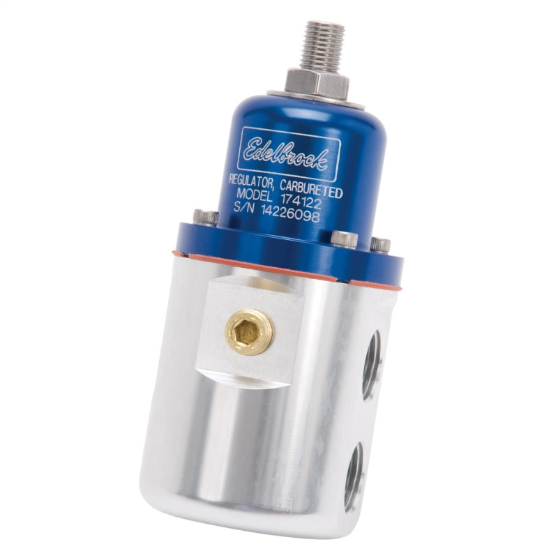 Edelbrock Fuel Pressure Regulator Carbureted 160 GPH 5-10 PSI 3/8In In/Out Returnless Blue/Clear 174122 174122 Photo - Unmounted