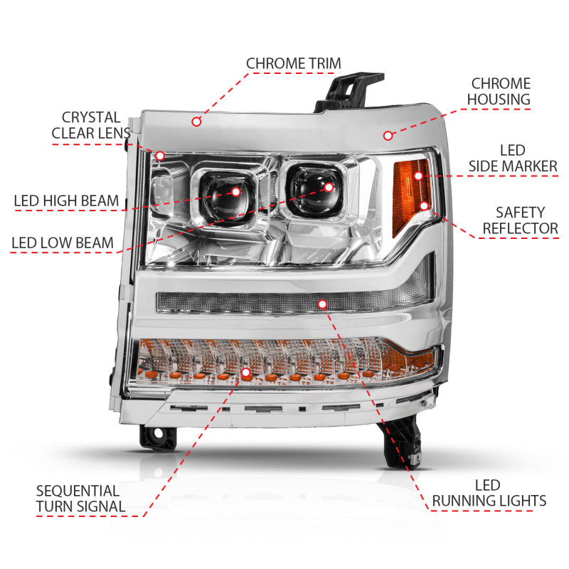 ANZO 16-18 Chevy Silverado 1500 (Factory HID Models ONLY) Full LED Proj Headlights Chrome - Pair 111623A 111623A User 1