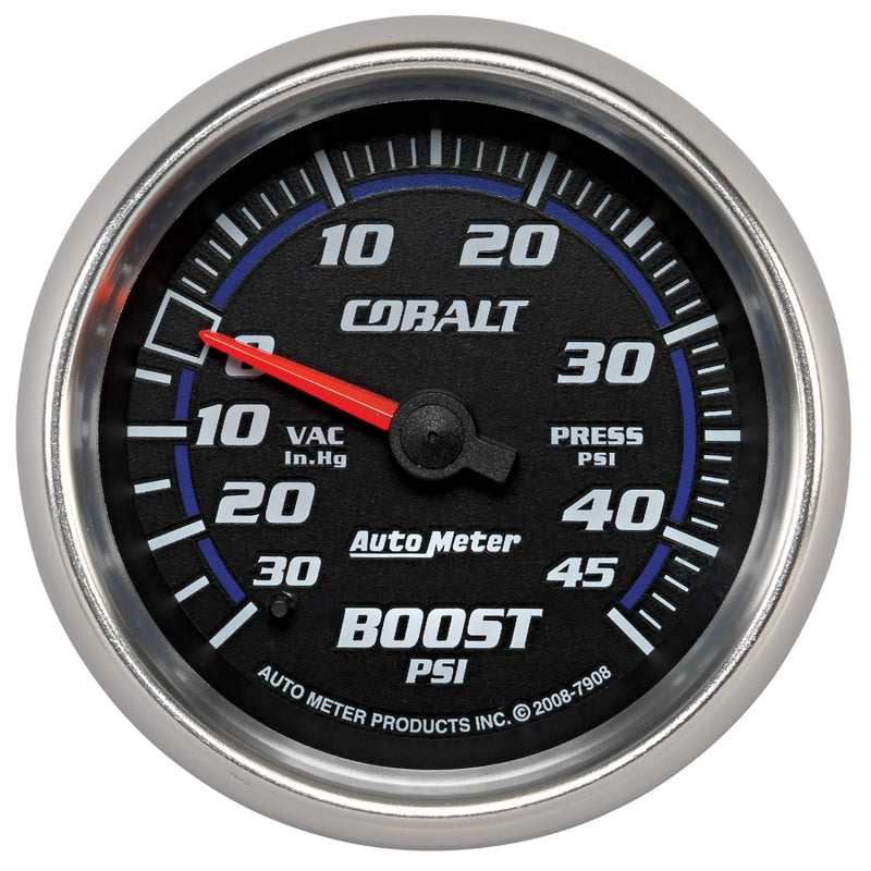 AutoMeter Gauge Vac/Boost 2-5/8in. 30Inhg-45PSI Mechanical Cobalt 7908 7908 Photo - Primary