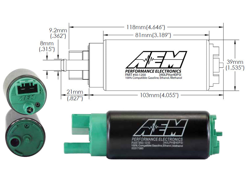 AEM Electronics Ethanol & Methanol Capable High Flow In-Tank Fuel Pump 50-1200 Technical Drawing