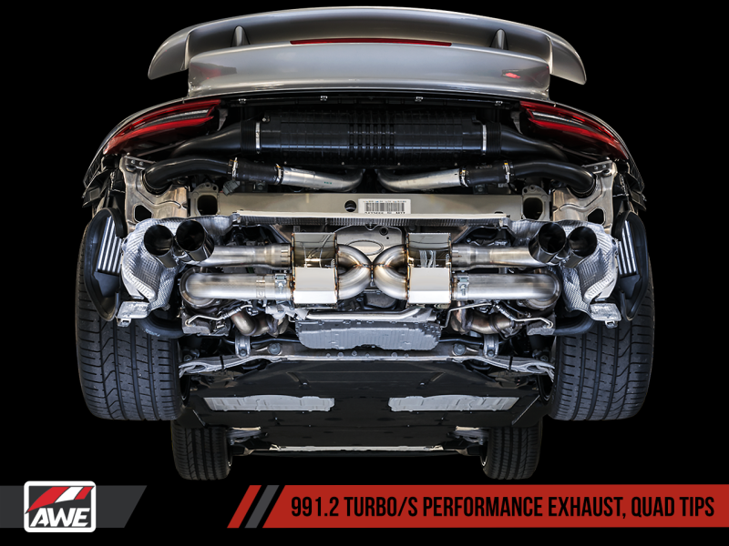 AWE Tuning Porsche 991.2 Turbo Performance Exhaust and High-Flow Cat Sections - Silver Quad Tips 3015-42084 Main Image