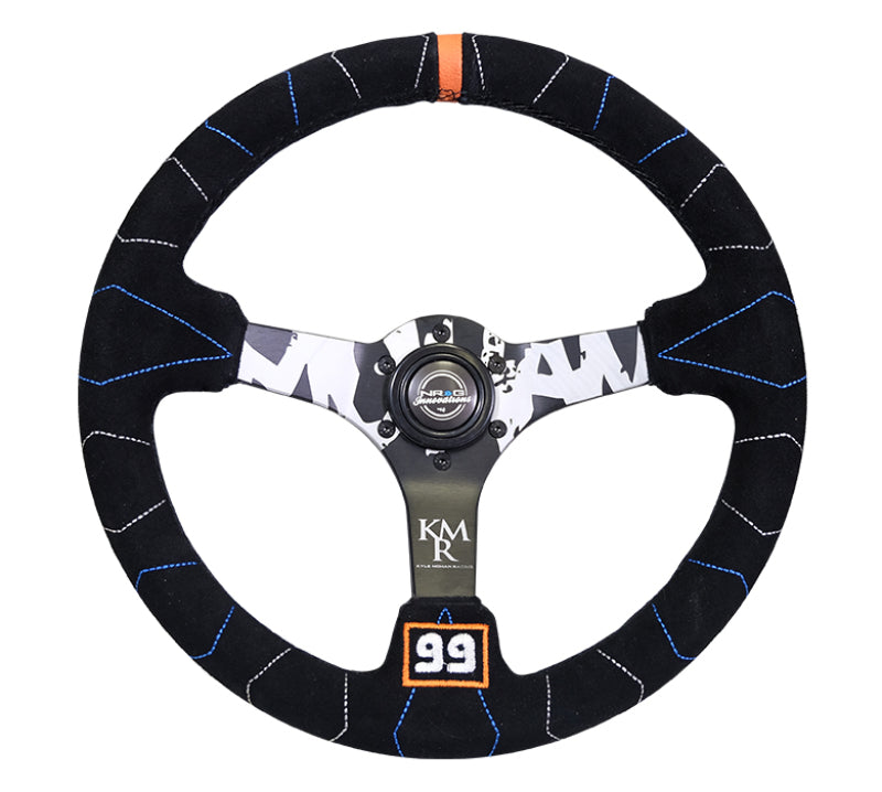 NRG Reinforced Steering Wheel (350mm / 3in. Deep) Blk Suede w/Color Stitch (Kyle Mohan Edition) RST-036MB-S-KMR