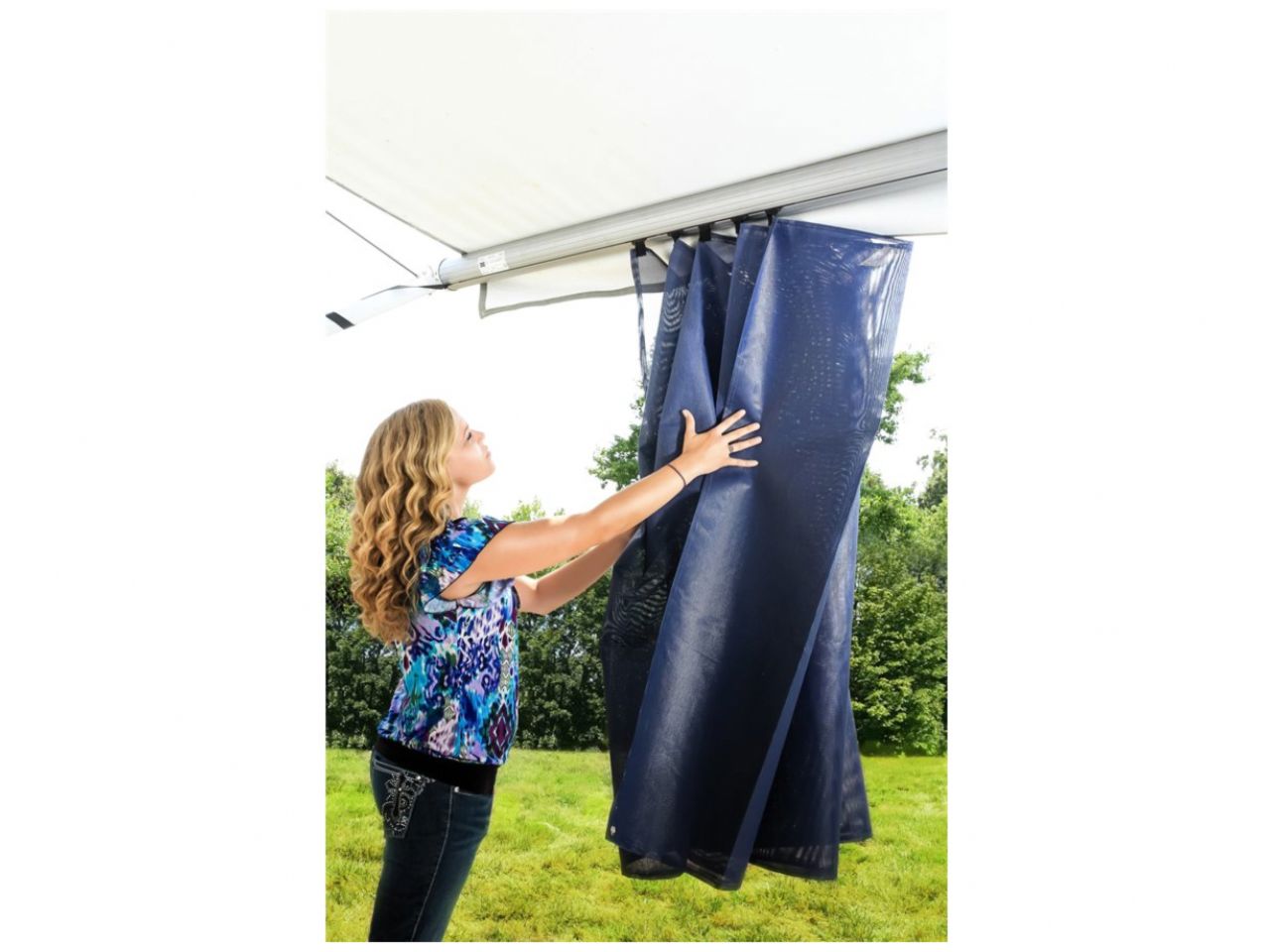 Camco RV Awning Shade Kit - 54"x 120", Blue Bilingual