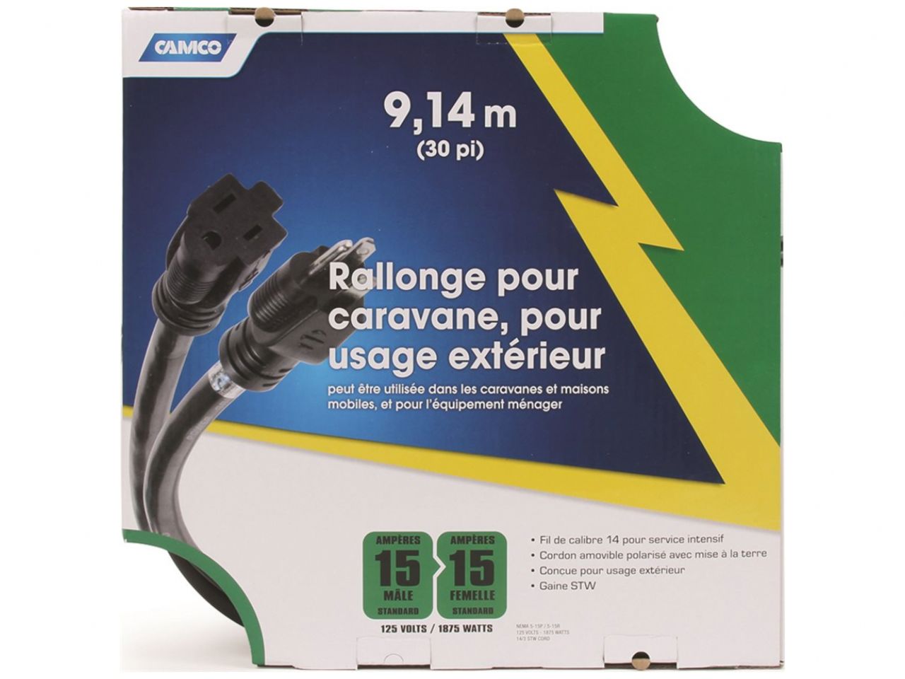 Camco 15 Amp 30' Extension Cord-Black 125V/1875W 14Ga Bilingual cULus