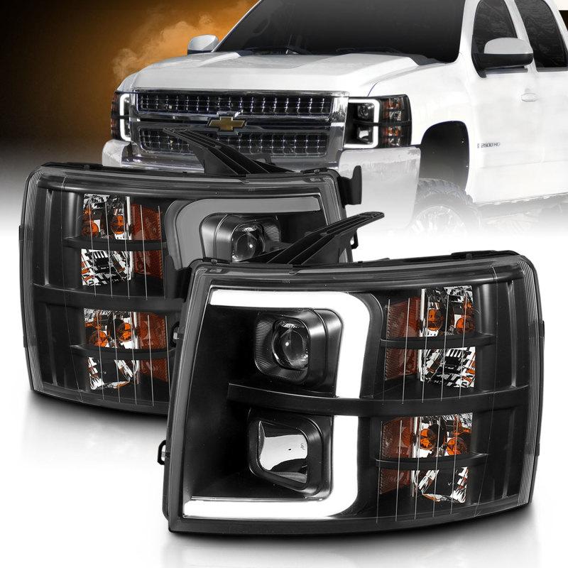 ANZO 07-13 Chevrolet Silverado 3500 Projector Headlights - Black Amber 111480 Main Image