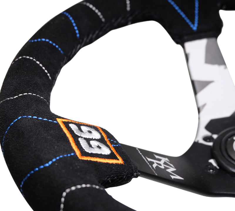 NRG Reinforced Steering Wheel (350mm / 3in. Deep) Blk Suede w/Color Stitch (Kyle Mohan Edition) RST-036MB-S-KMR