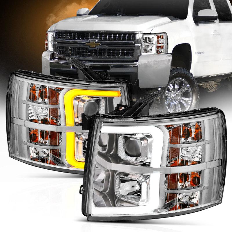 ANZO 07-13 Chevrolet Silverado 1500/2500/3500 Proj Headlights w/ Plank Style Switchback Chrome w/Amb 111411 Main Image
