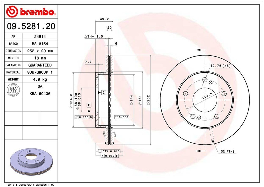 Brembo Front Brake Rotor Nissan S14 240SX 5 Lug 1995-1996