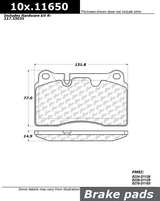 Centric Parts Original Equipment Formula Brake Pads with Hardware top view frsport 100.11650