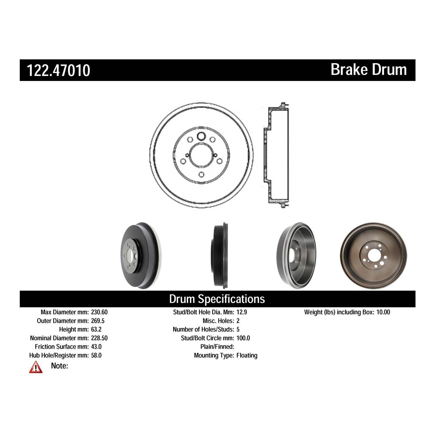 centric parts premium brake drum frsport 122.47010