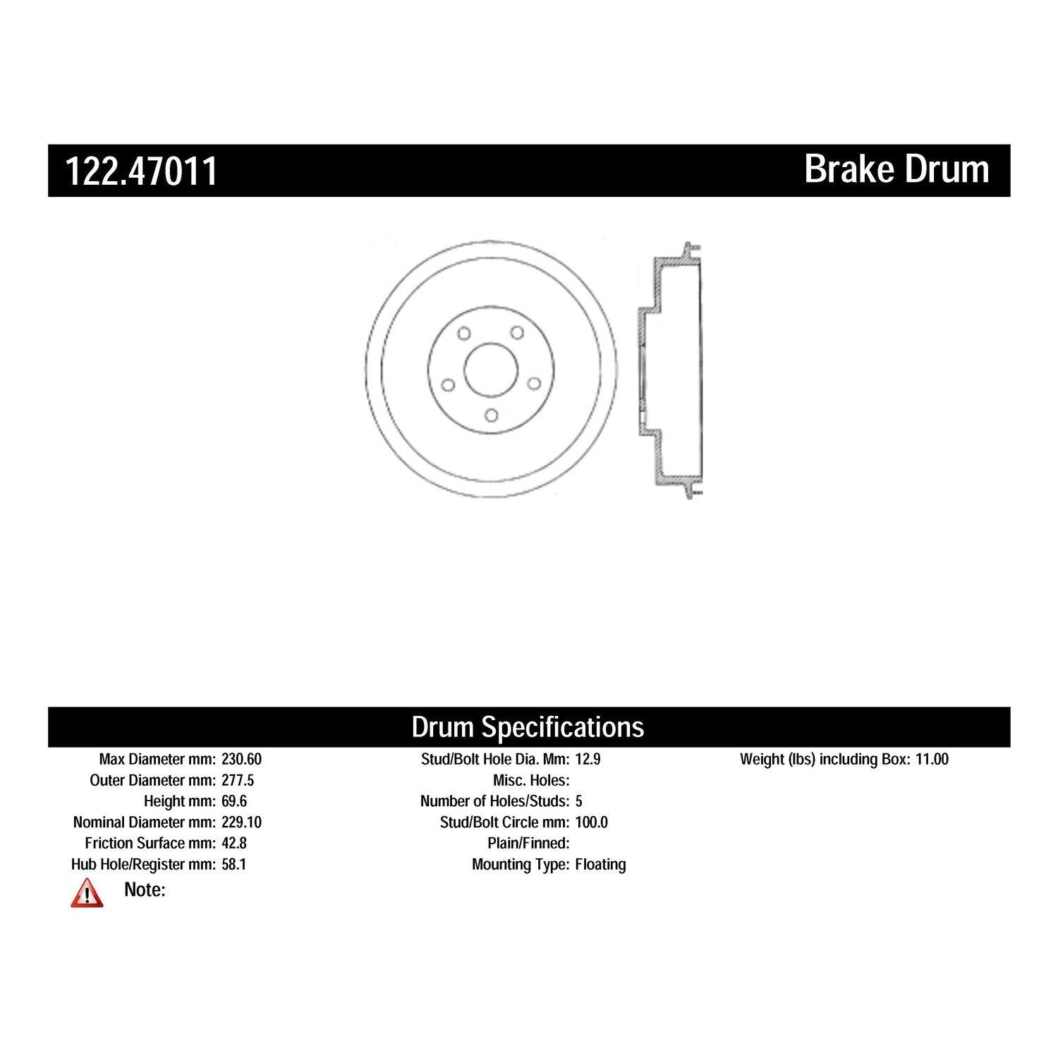 centric parts premium brake drum frsport 122.47011