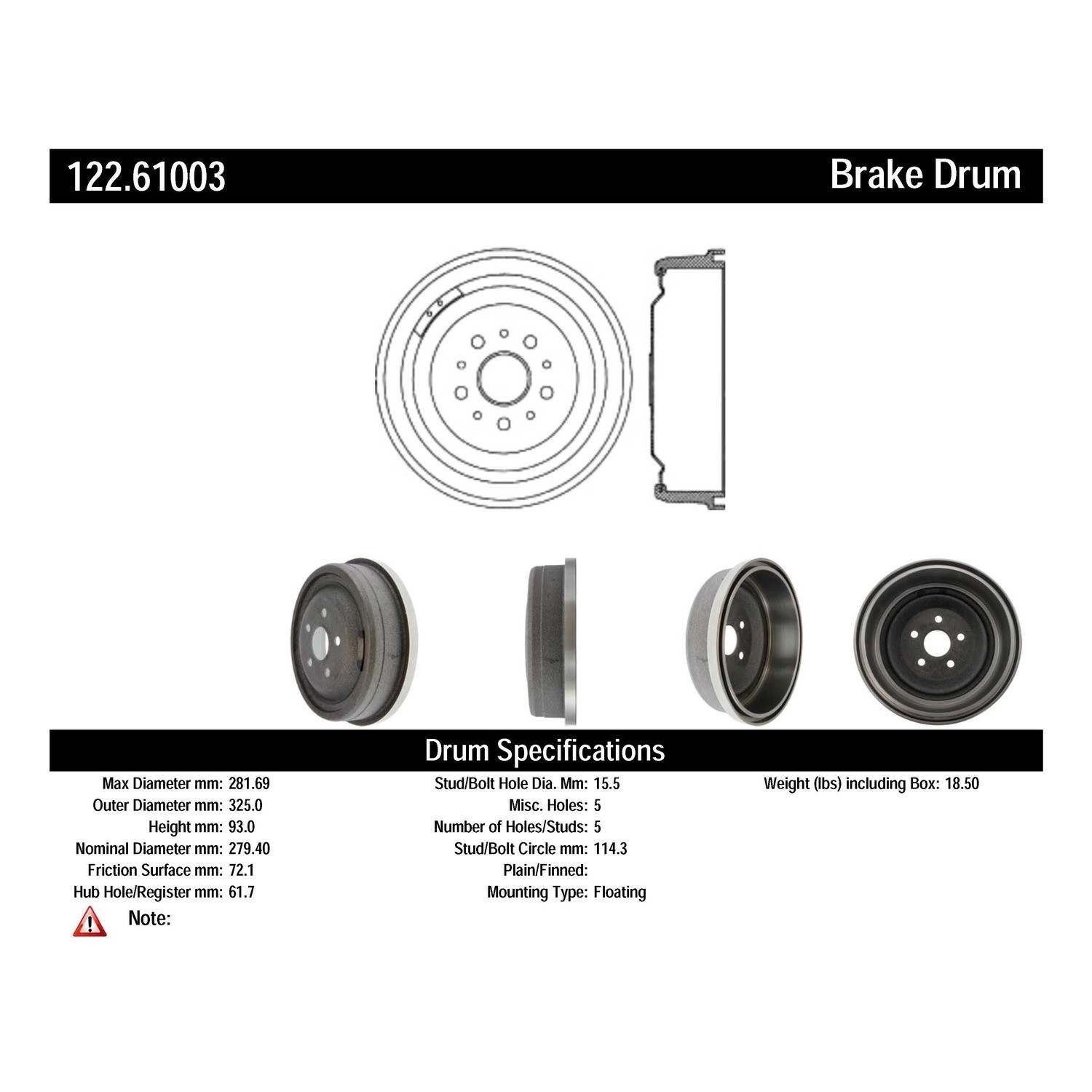 centric parts premium brake drum frsport 122.61003