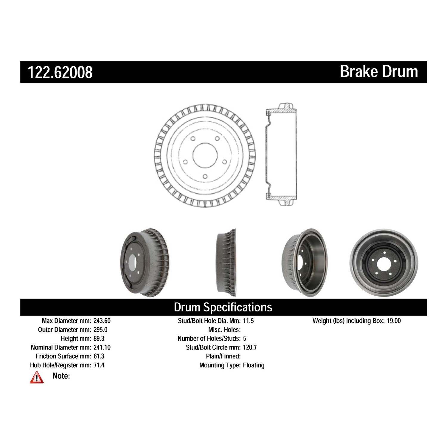 centric parts premium brake drum frsport 122.62008
