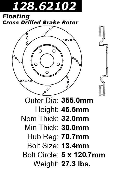 centric parts premium oe style drilled brake rotor frsport 128.62102