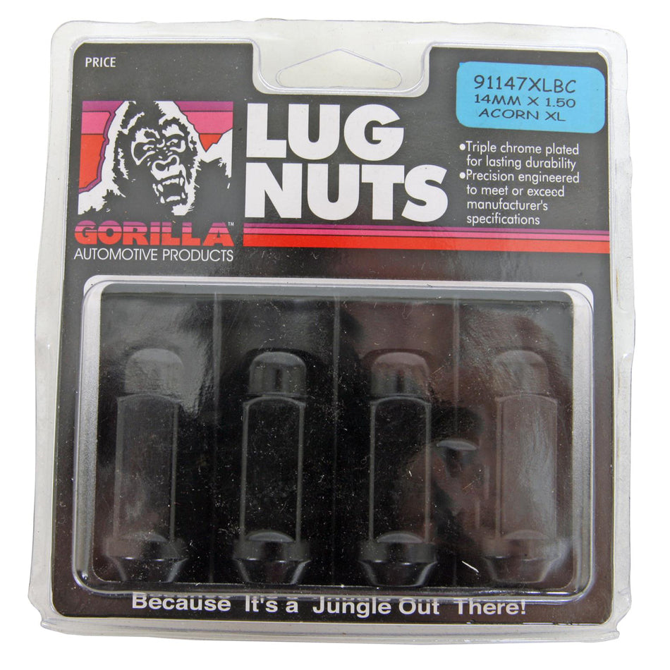Gorilla 4 Lugnuts Acorn Bulge 14 mm x 1.5 Black X-Long GOR91147XLBC
