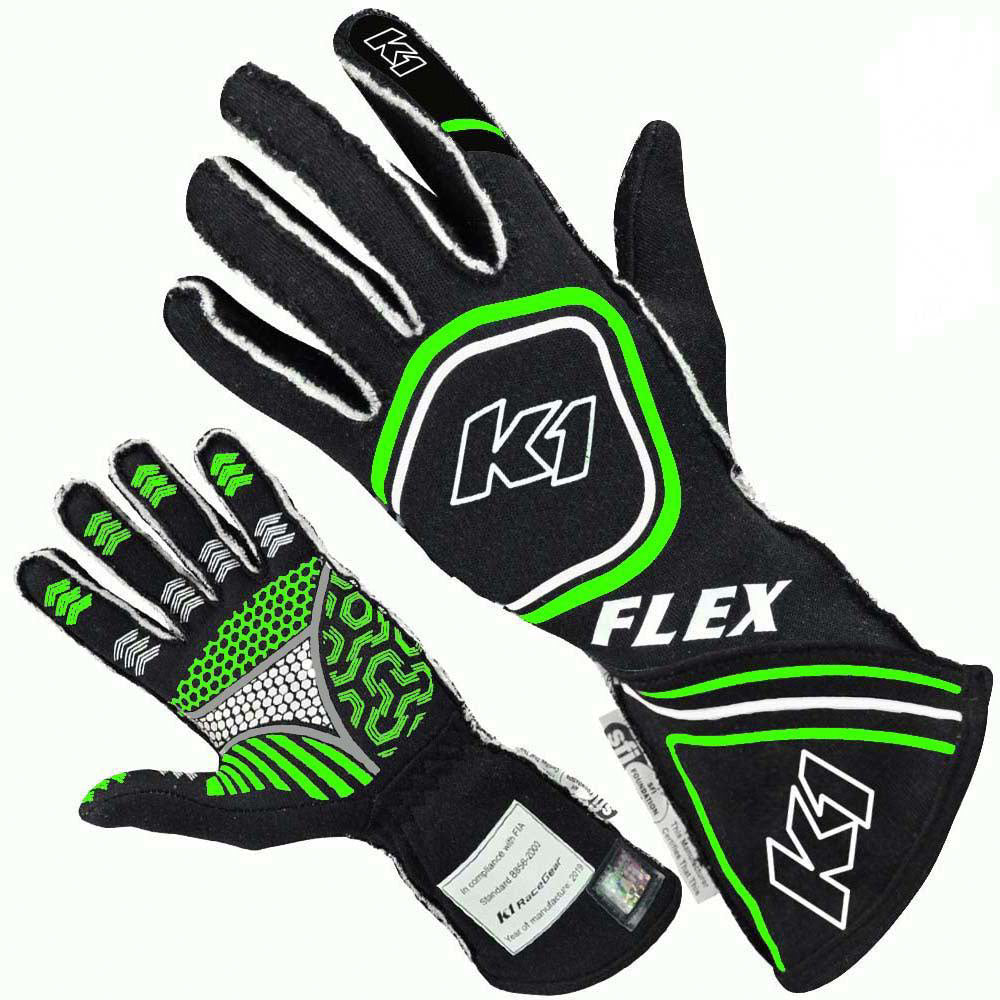 K1 Racegear Glove Flex Medium Black / Flo Green SFI / FIA K1R23-FLX-NFV-M