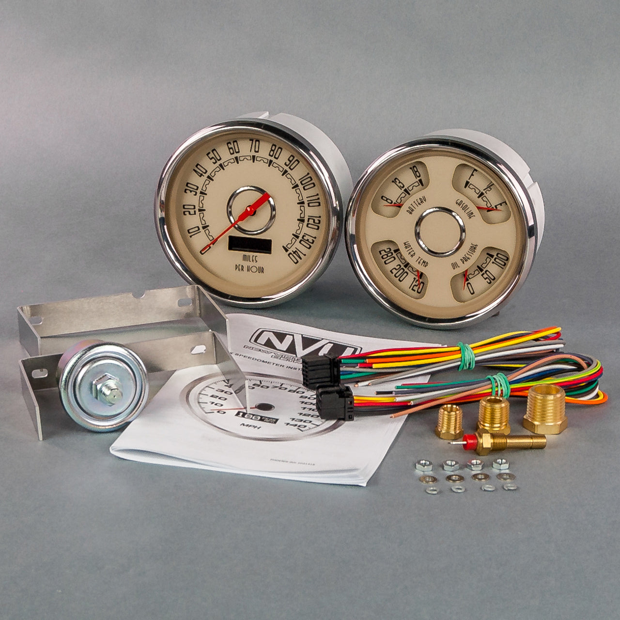 New Vintage USA Woodward 2 Gauge Kit 5in Speedo/Quad Beige NVG37205-02