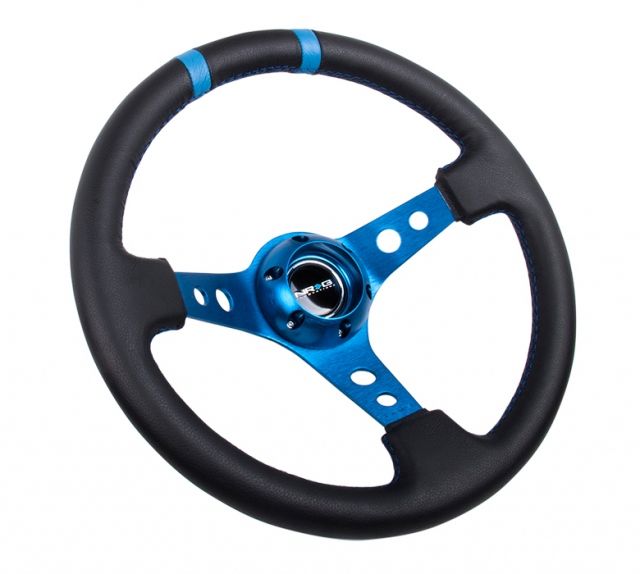NRG 350mm Steering Wheel Limited Edition - Black Leather w Blue spokes