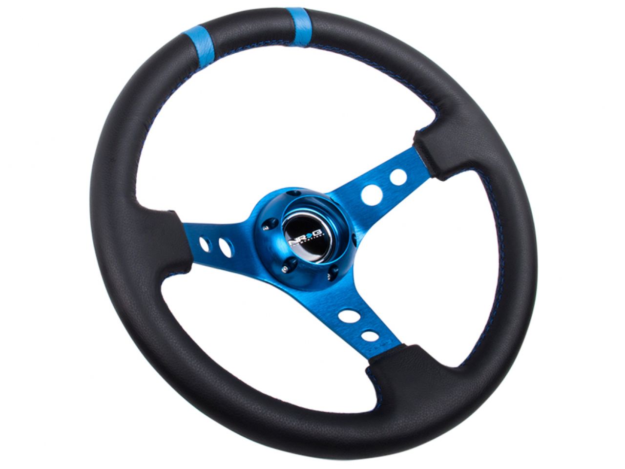 NRG Reinforced Steering Wheel- 350mm Leather Sport (3" Deep) Blue Spoke