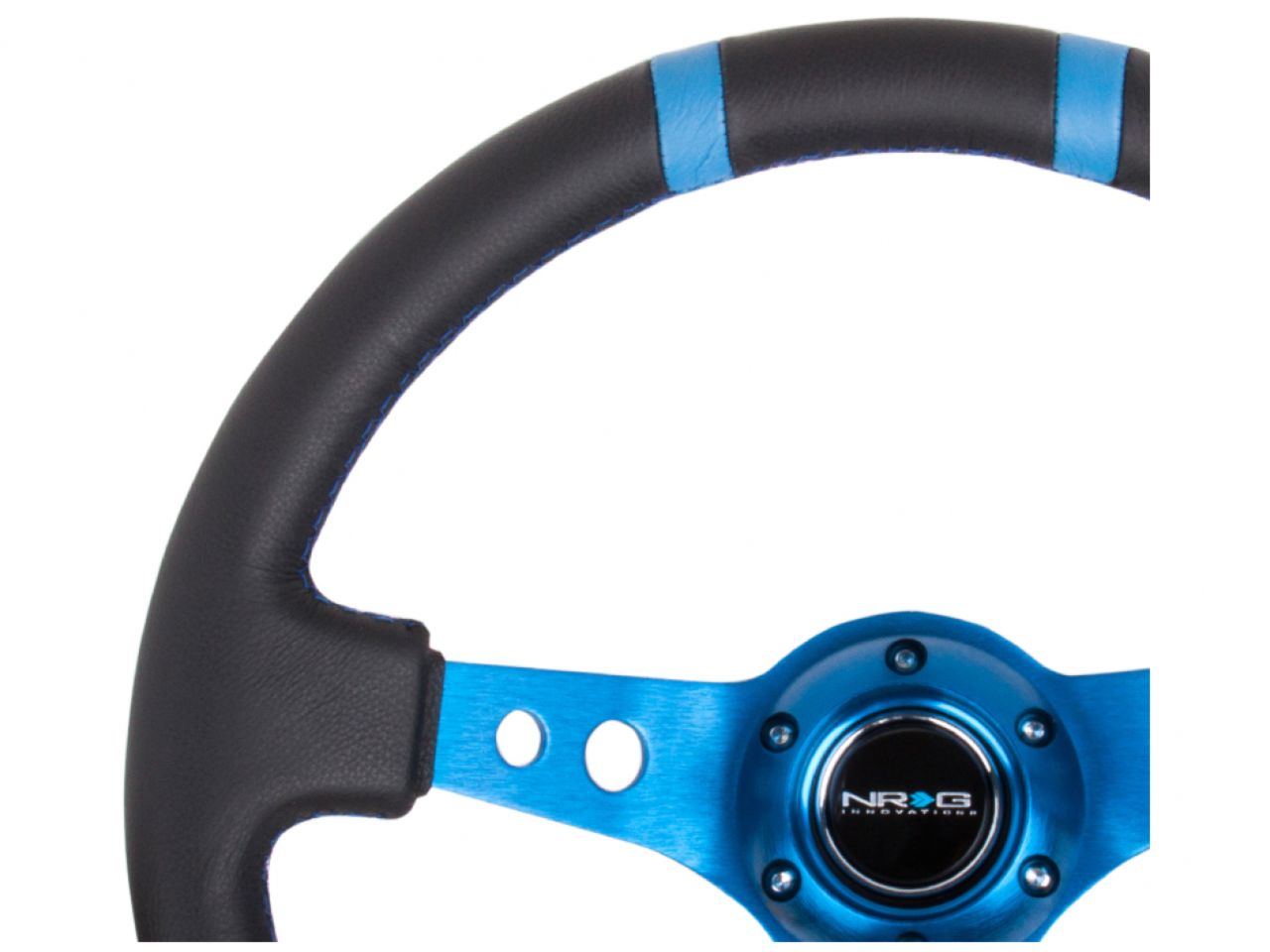 NRG Reinforced Steering Wheel- 350mm Leather Sport (3" Deep) Blue Spoke