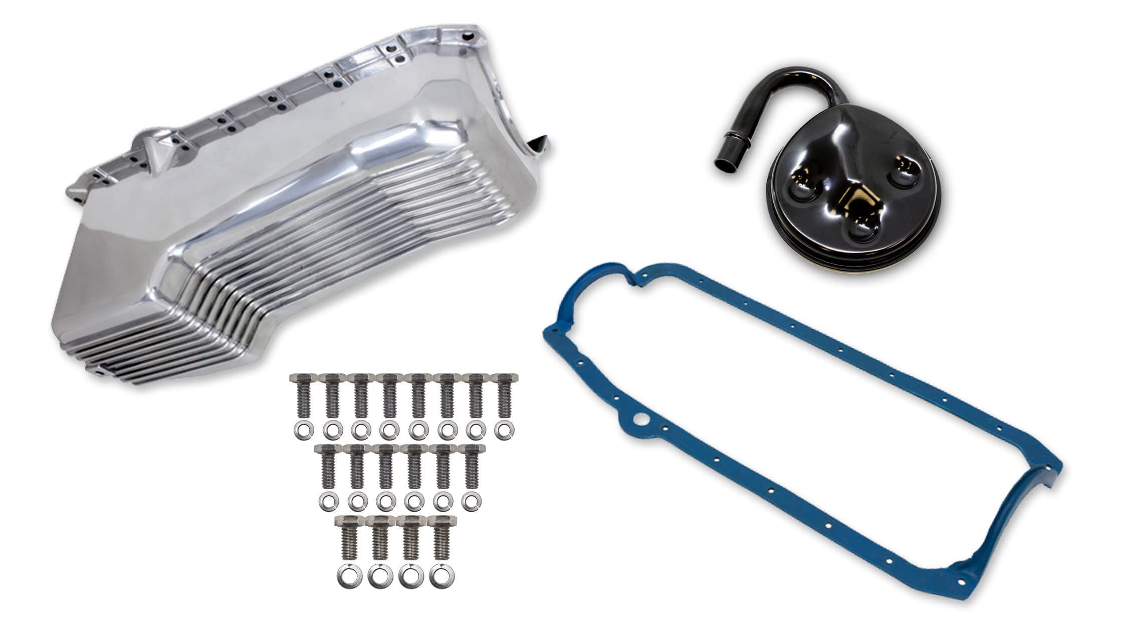 Weiand 4qt Alm Finned Oil Pan Kit SBC 86-02 Polished WEI6502FWND