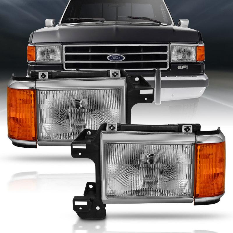 ANZO 1987-1991 Ford Bronco Crystal Headlight Black (Chrome Trim) 111449 Main Image