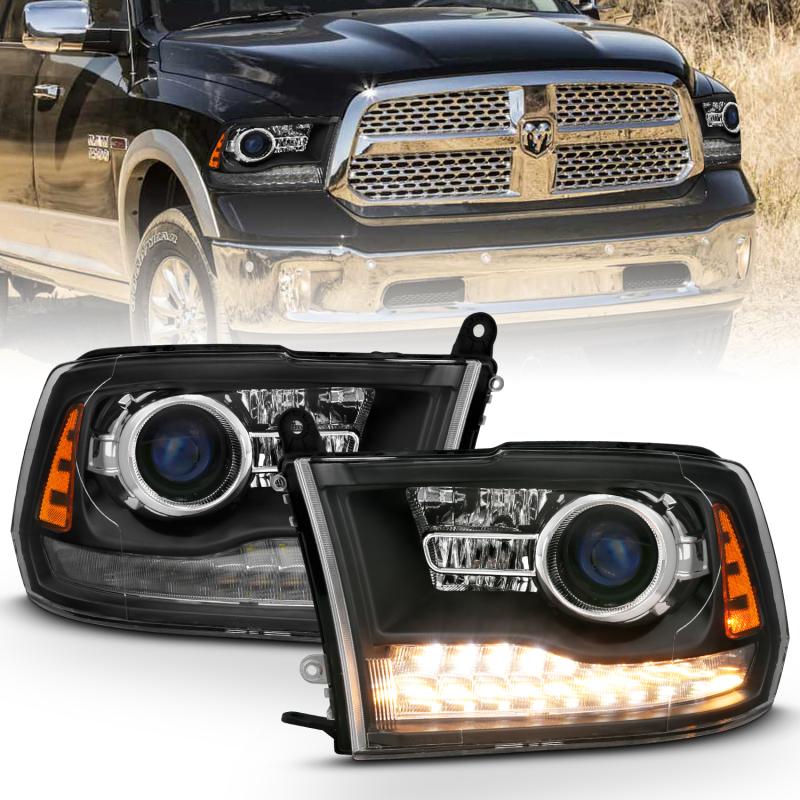 ANZO 2009-2018 Dodge Ram 1500 Projector Headlights Plank Style Halo w/Switchback Matte Black 111489 Main Image