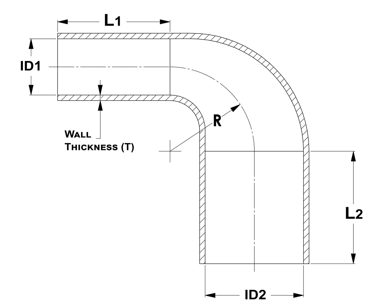 HPS 2-1/2" - 3" ID, Silicone 90 Degree Elbow Reducer Hose, High Temp 4-ply Reinforced, Black, 63mm - 76mm ID
